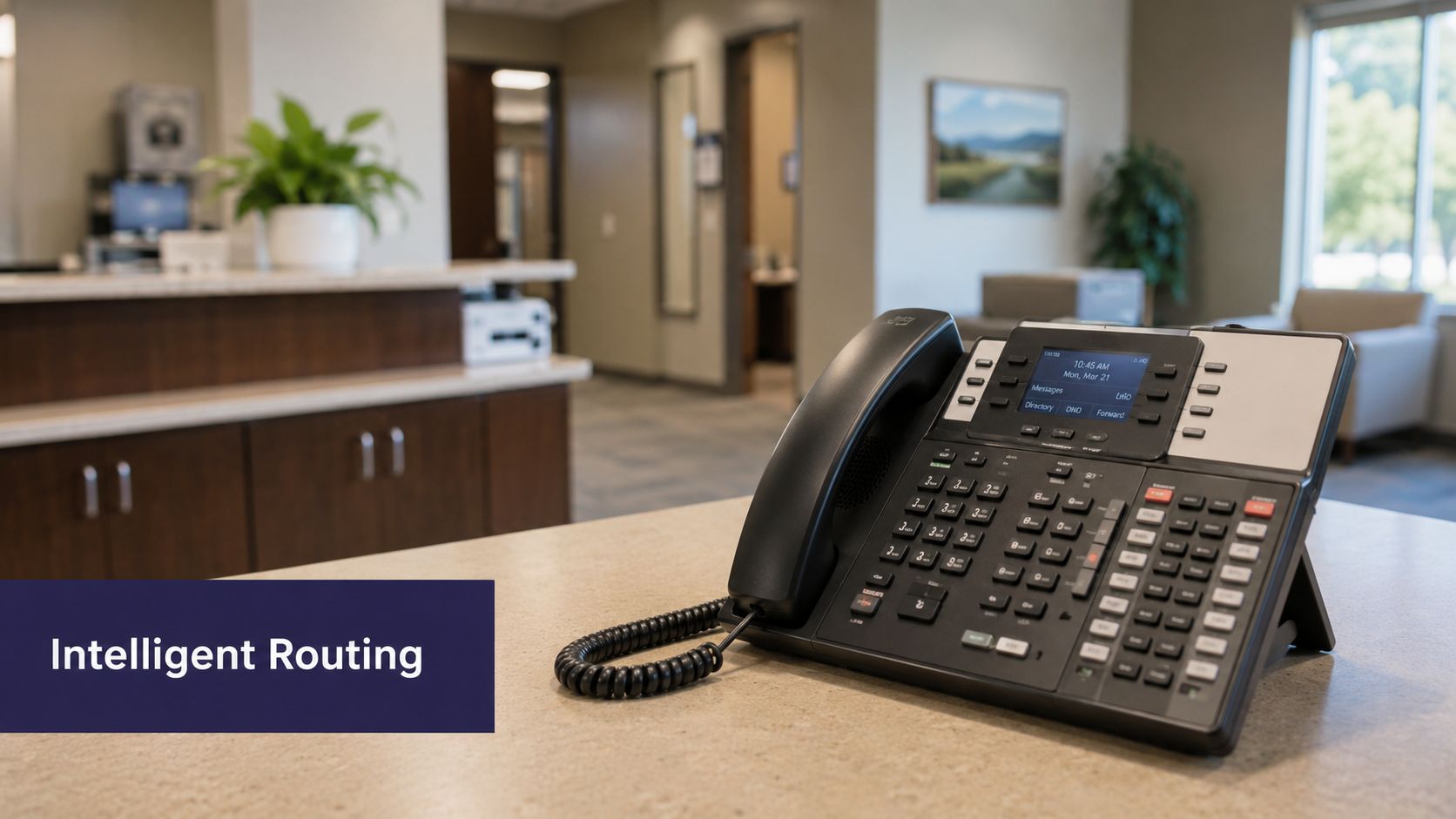 A professional VoIP desk phone sitting on a front office reception desk in a medical facility.