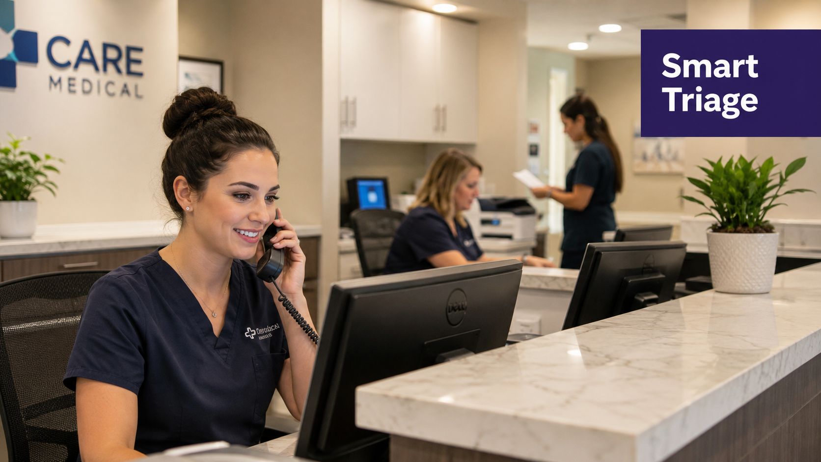 A friendly medical receptionist smiling while talking on the phone at a professional medical office front desk.