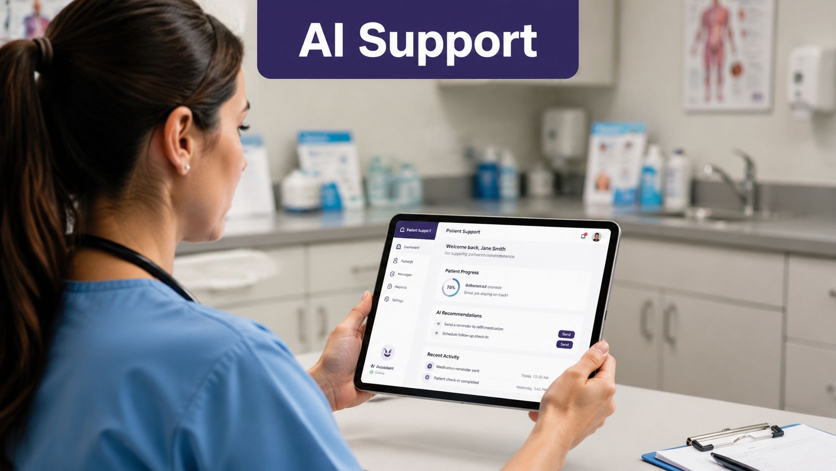 A healthcare professional using a tablet to monitor patient medication adherence and AI recommendations in a clinic.