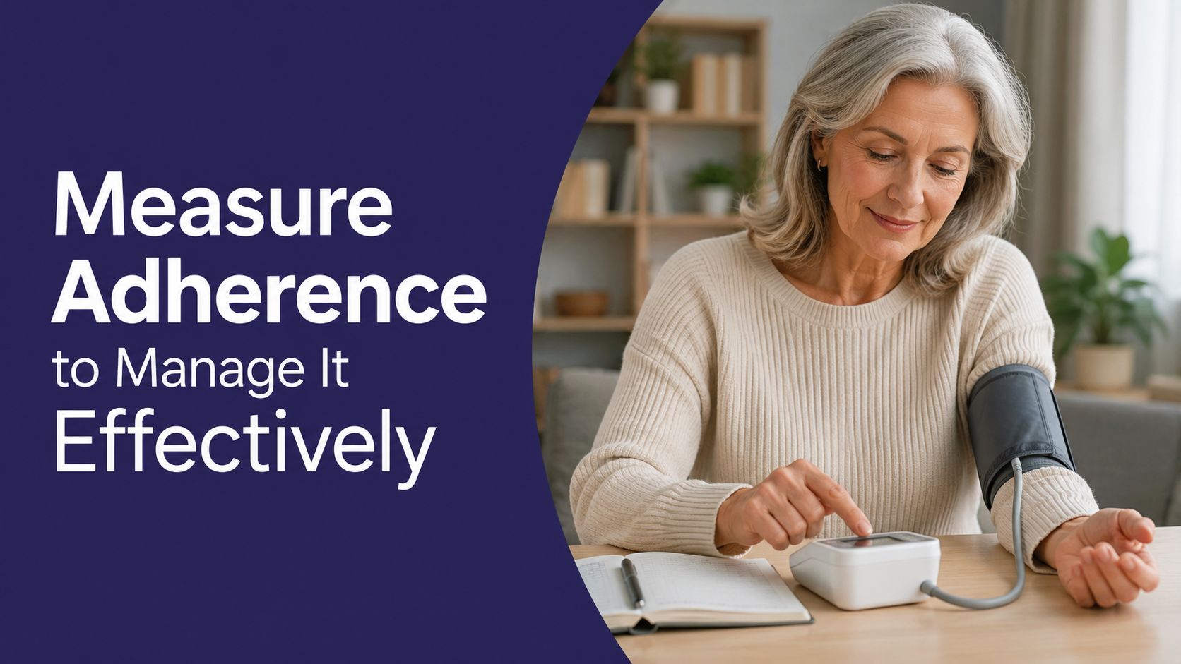 A woman checking her blood pressure at home to help manage and track her health adherence.