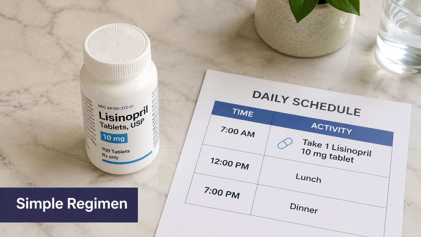 A prescription bottle of Lisinopril next to a daily schedule chart with medication listed at 7:00 AM.