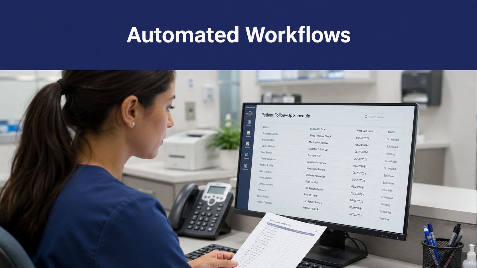 A healthcare professional reviewing a patient follow-up schedule on a computer monitor in a medical office.