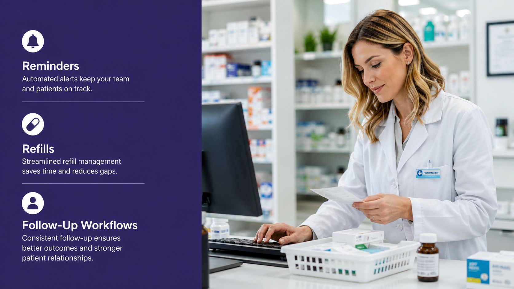 A pharmacist working at a computer in a pharmacy, highlighting digital tools for patient management and retention.