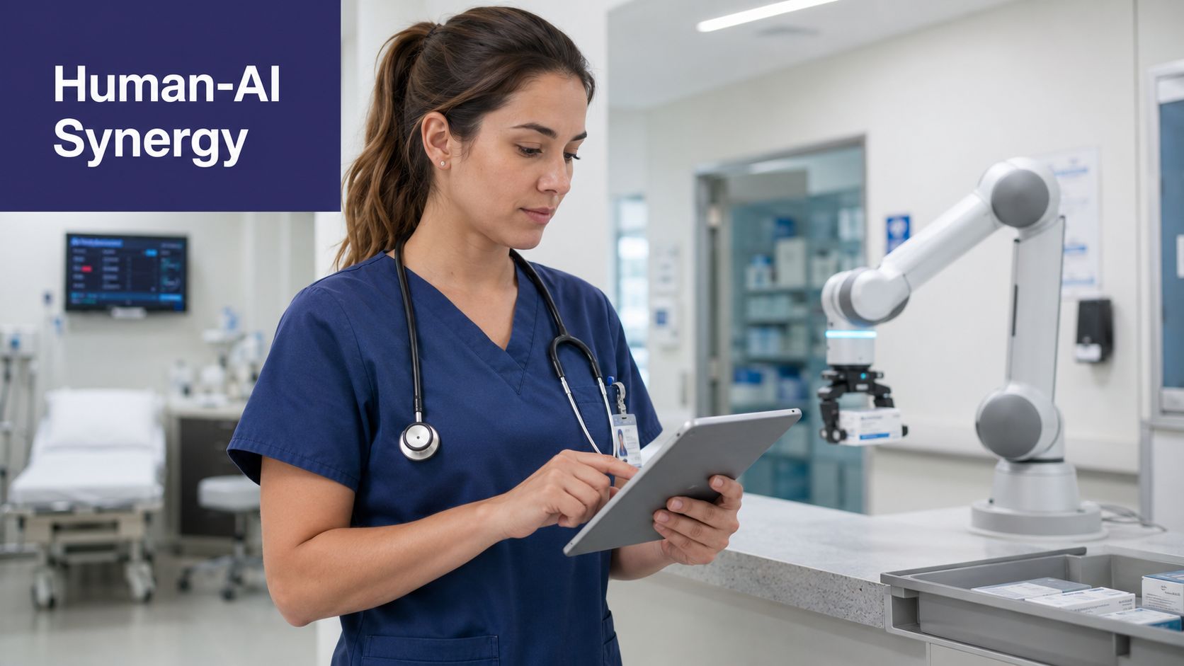 A healthcare professional using a digital tablet while a robotic arm works in a modern hospital setting.