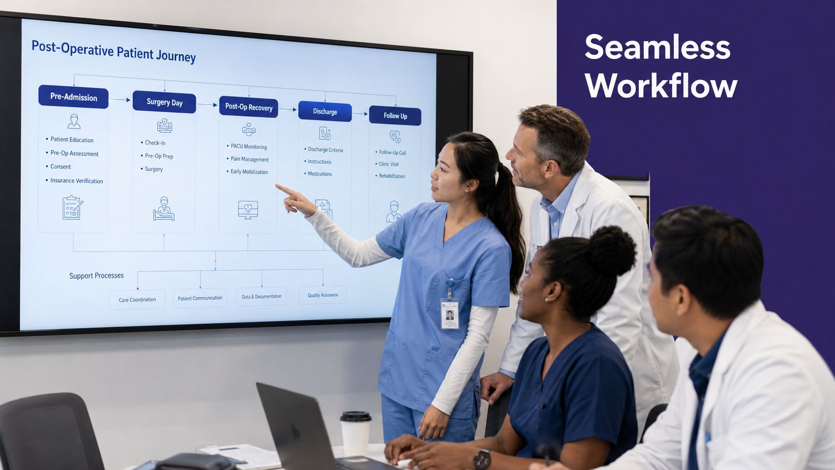 Medical team members discussing a post-operative patient journey flowchart on a large monitor in a conference room.
