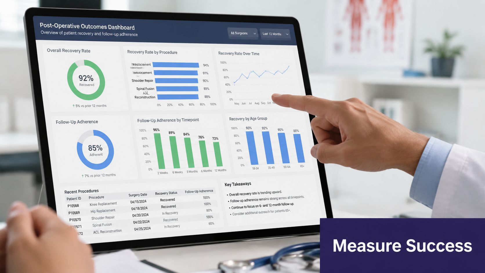 A doctor reviewing a patient post-operative outcomes dashboard on a laptop screen to evaluate recovery success rates.