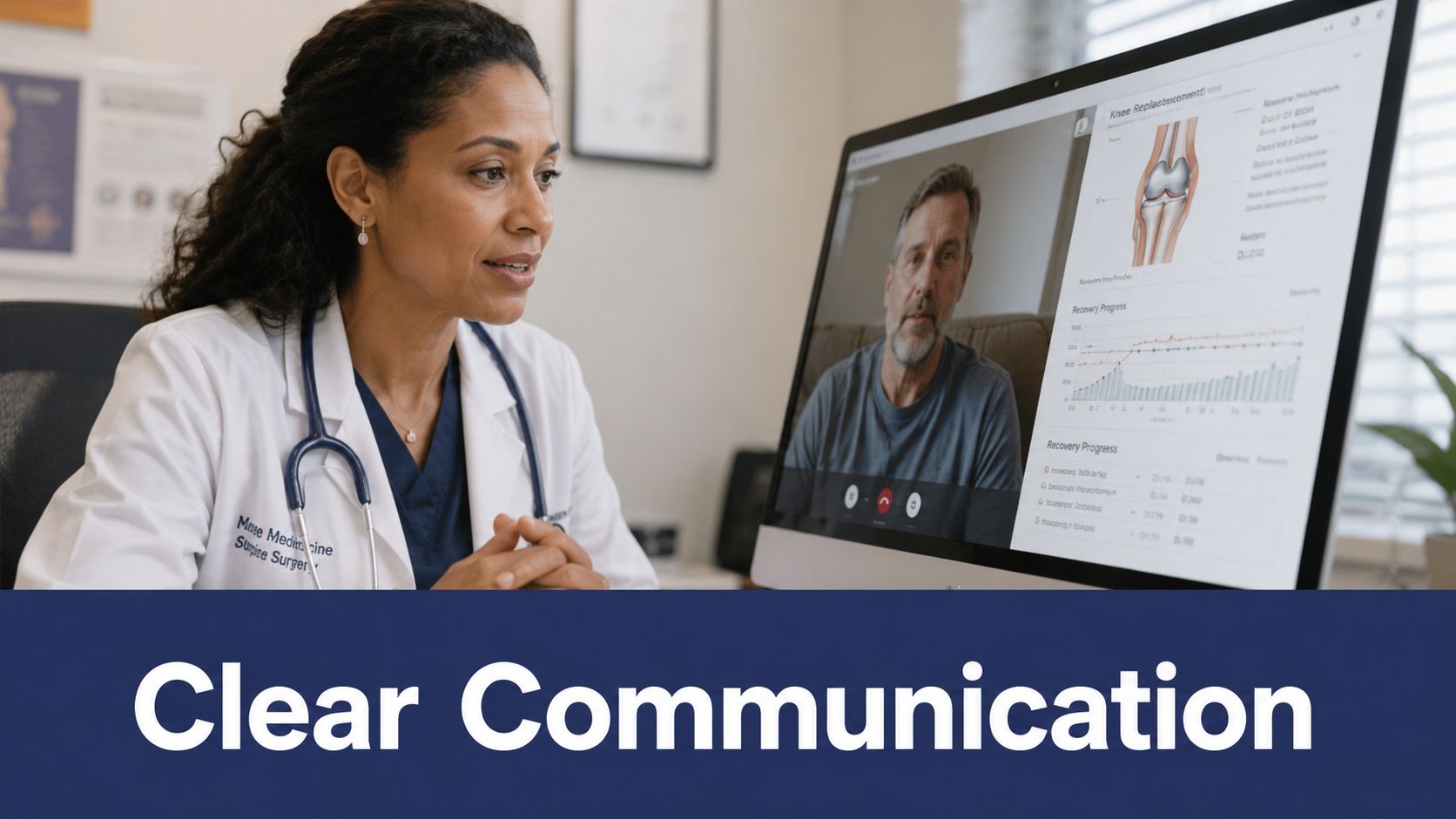 A female surgeon conducting a telehealth consultation with a male patient regarding his knee recovery progress.