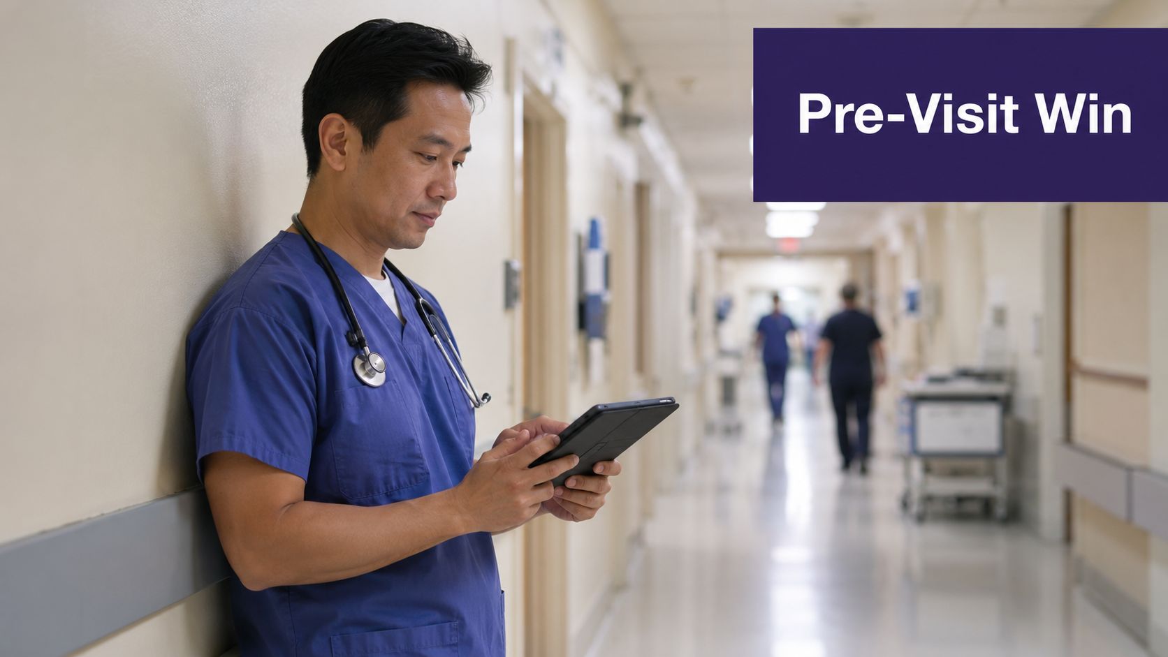 A healthcare professional in scrubs using a digital tablet while standing in a hospital hallway.