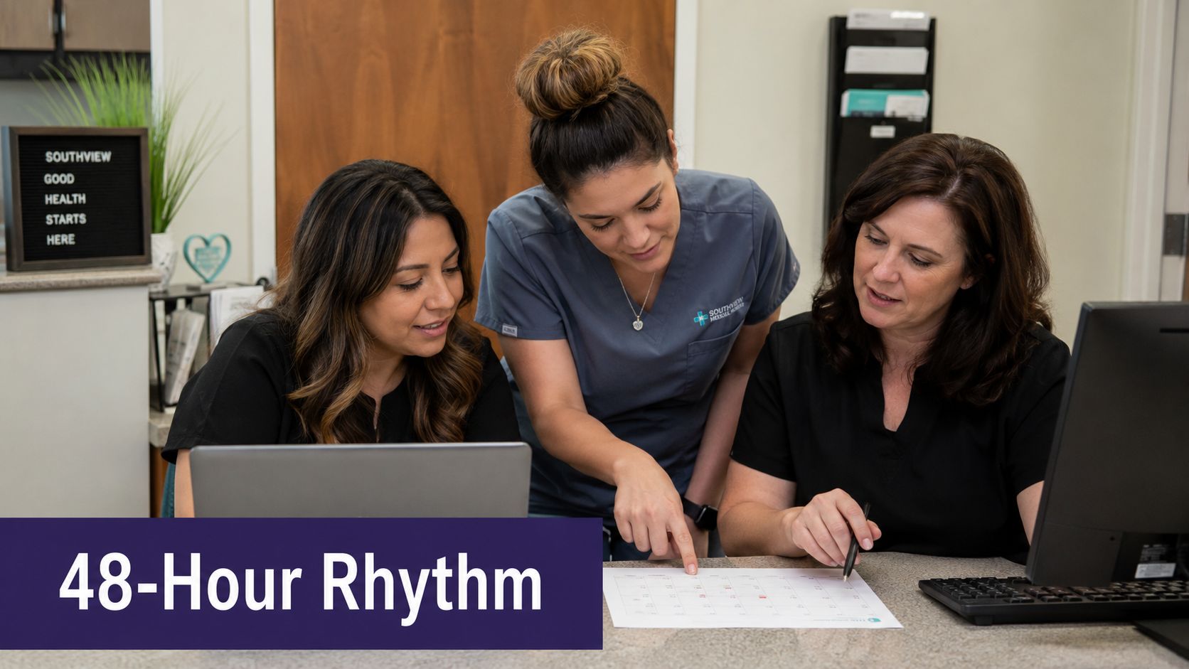 Three medical staff members collaborating on patient scheduling and chart preparation in a professional office setting.