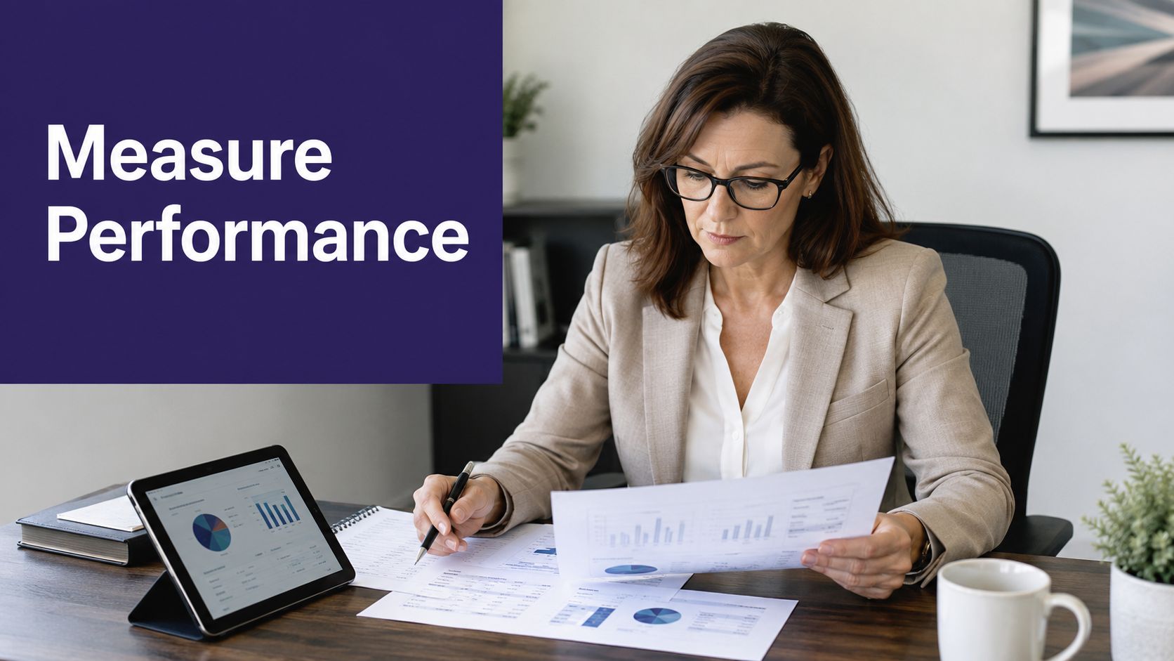 A professional woman in a suit analyzing business performance data on documents and a tablet.