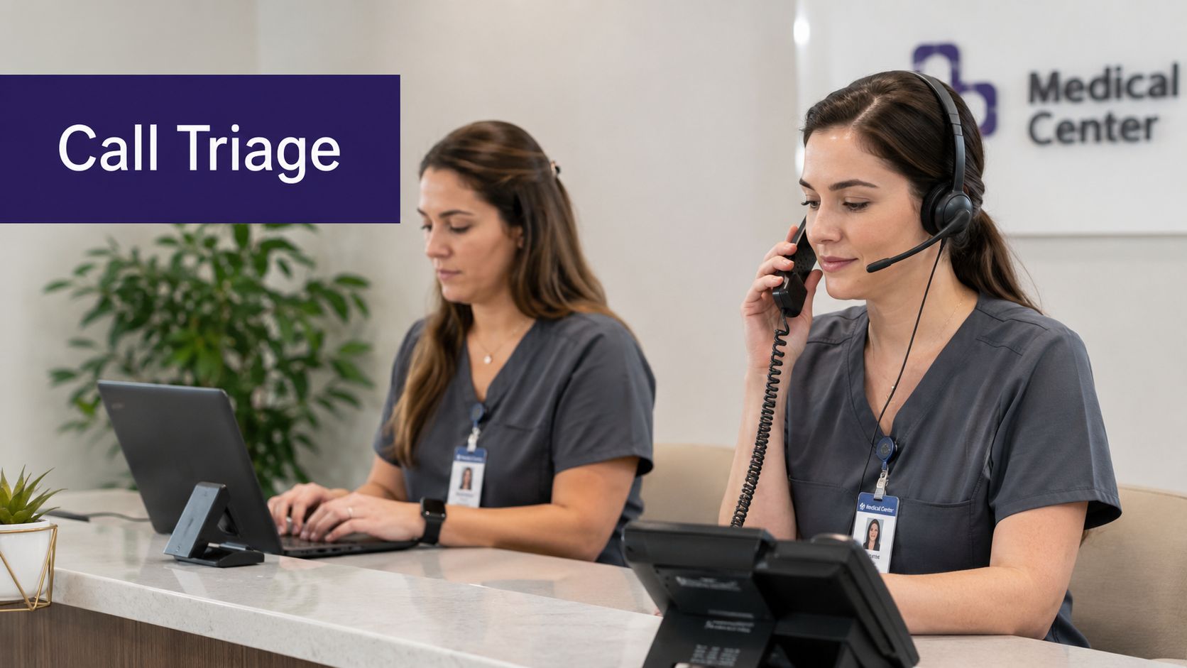 Two medical center receptionists in gray scrubs handling patient phone calls and computer documentation at a desk.