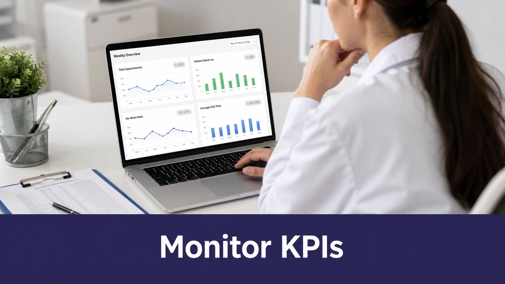 A healthcare professional analyzing clinic performance dashboards on a laptop screen to monitor key performance indicators.