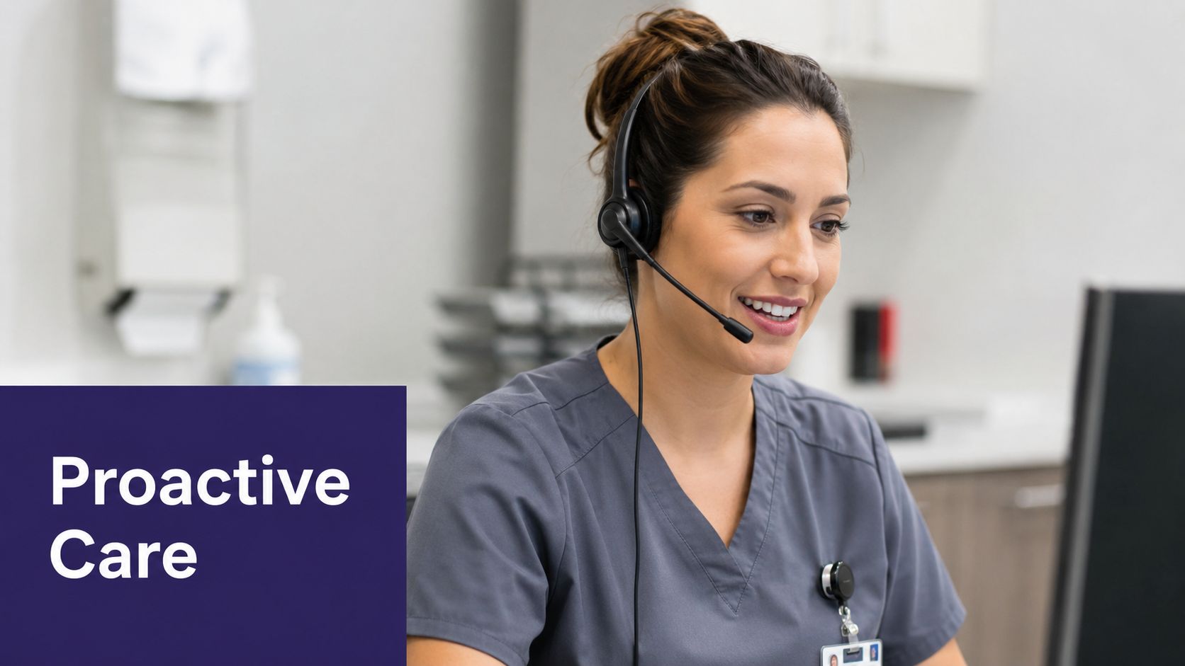 A female healthcare professional wearing a headset while working at a computer in a medical office.