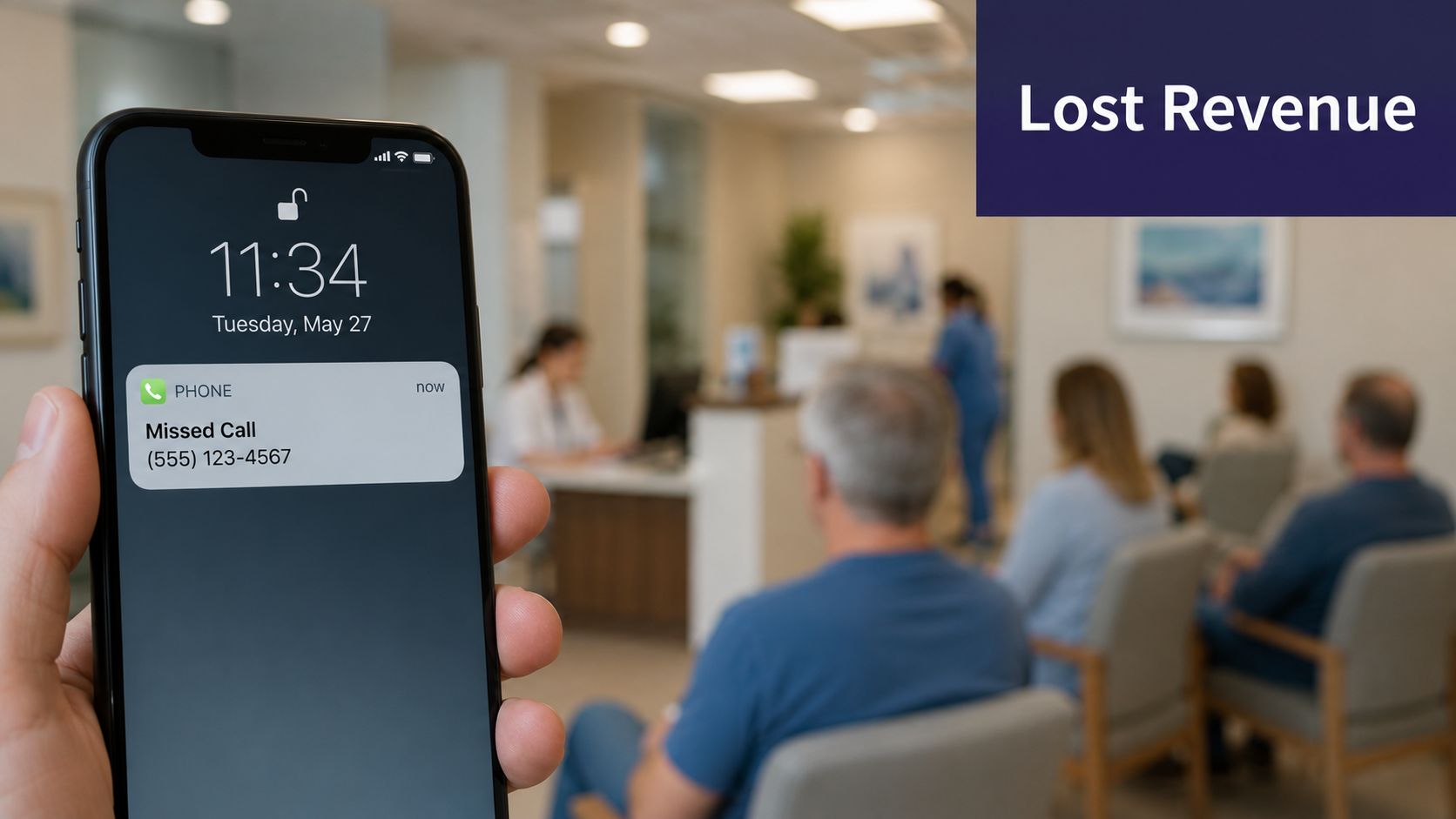 A hand holds a smartphone showing a missed call notification inside a crowded medical office waiting room.