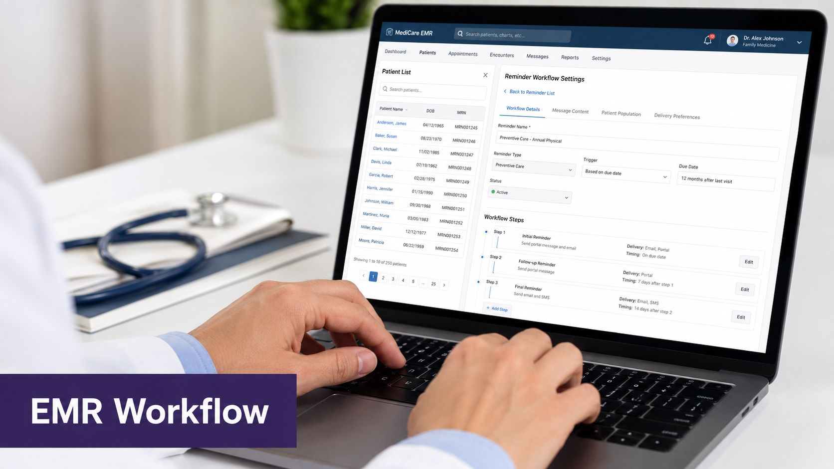 A doctor using a laptop to manage mammogram screening reminder services through an EMR software dashboard interface.