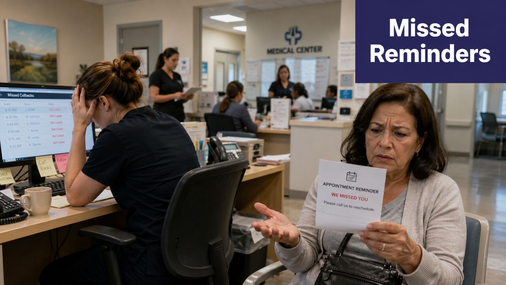 An office worker looks stressed while a patient examines a missed appointment reminder card in a medical office.