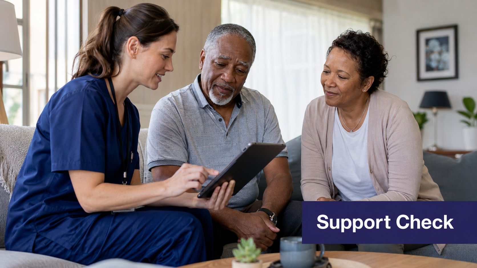 A female home health nurse reviewing digital information on a tablet with an elderly couple in their home.