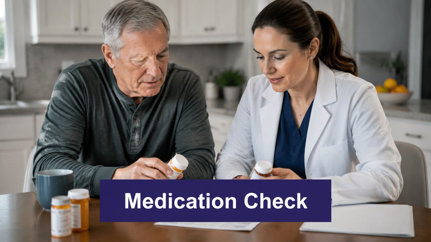 A healthcare professional discusses medication labels with an elderly patient during a home visit for care.