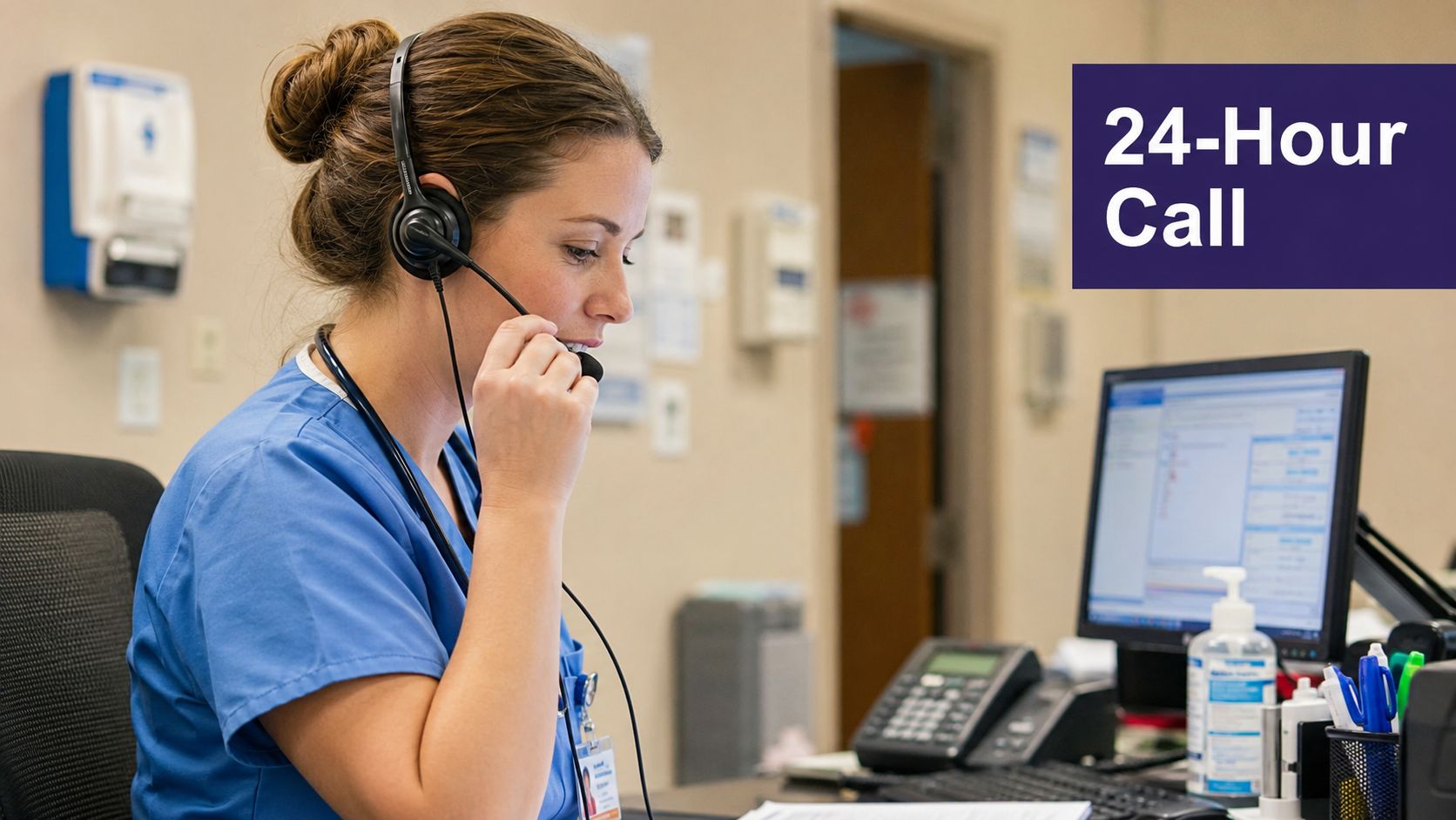 A professional nurse wearing a headset during a 24-hour follow-up call at a hospital nursing station.