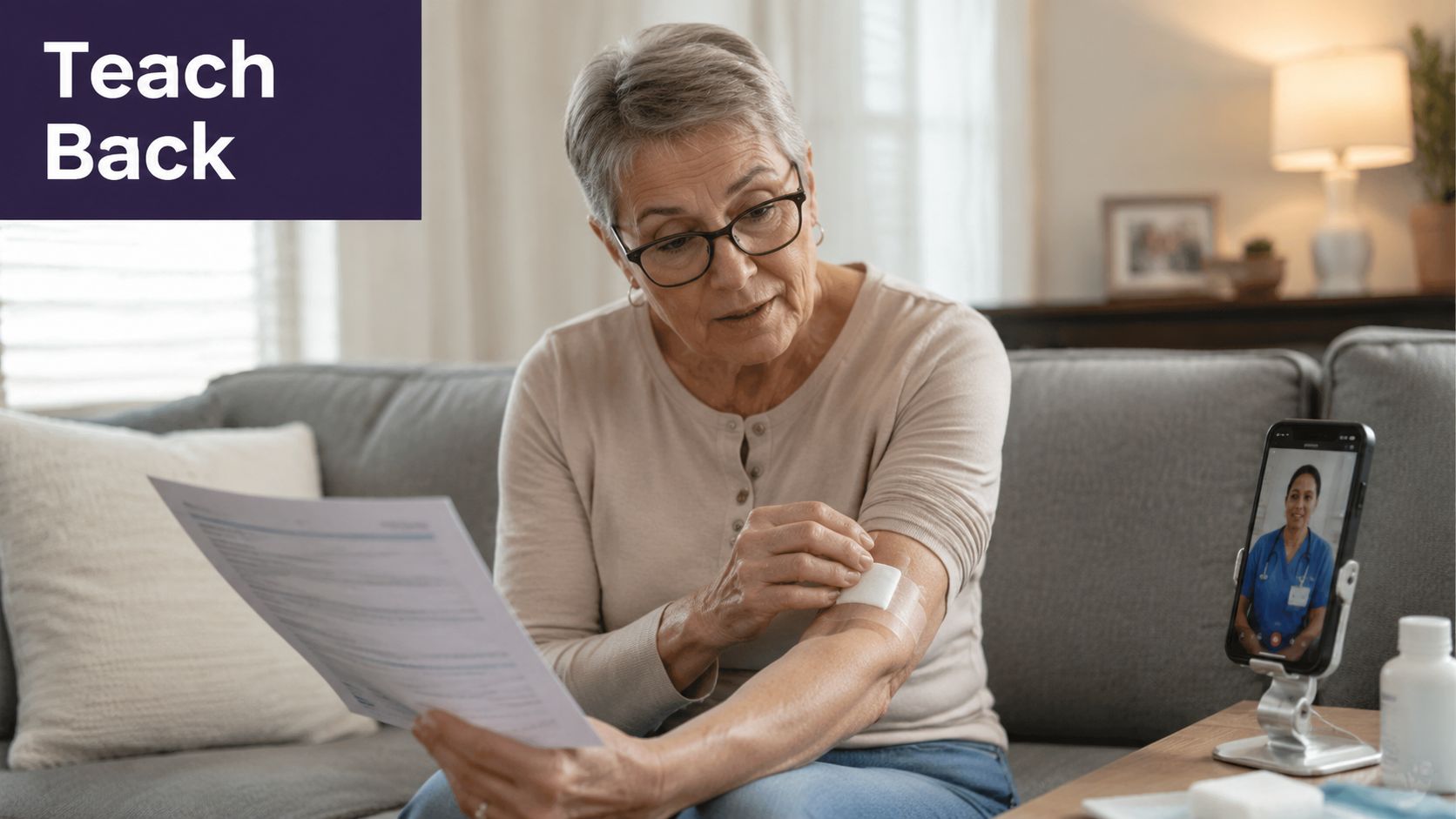 An elderly woman reviewing medical documents while on a video call with a nurse about wound care.
