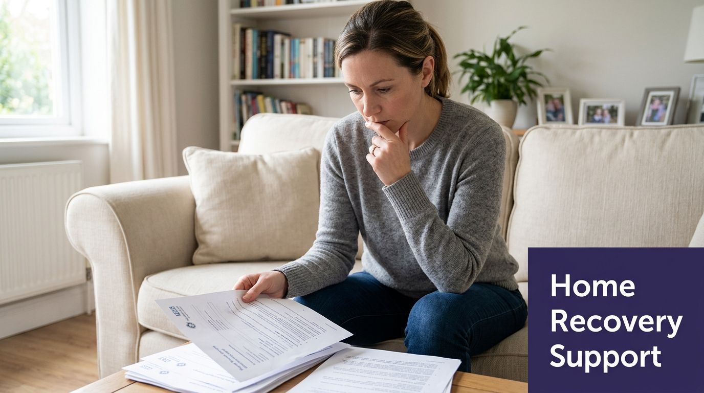 A concerned woman sitting on a couch reading documents at home, highlighting home recovery support services.