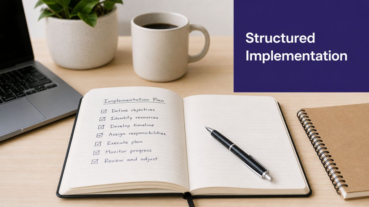 An open notebook on a desk displays an implementation plan checklist next to a laptop and pen.