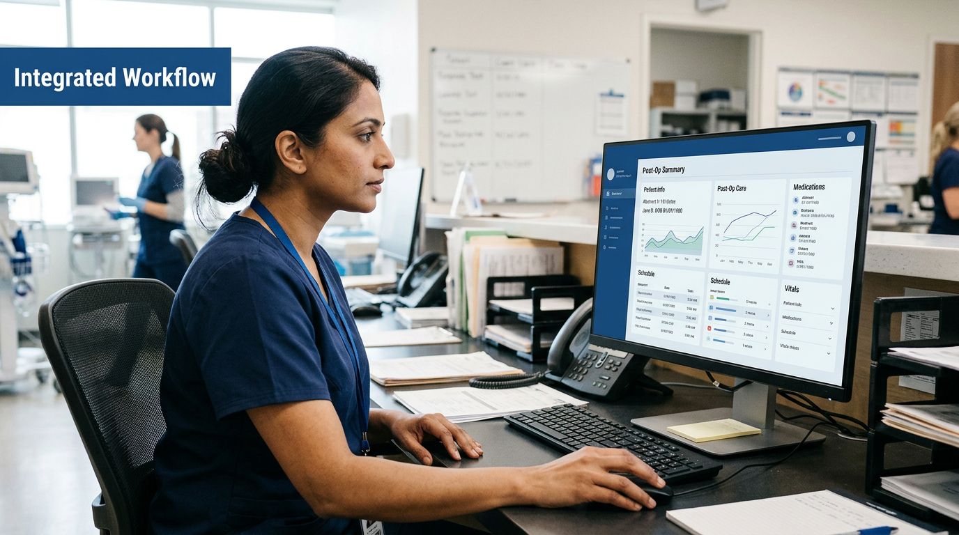 A female medical professional reviews a digital post-op summary dashboard on a computer at a hospital desk.