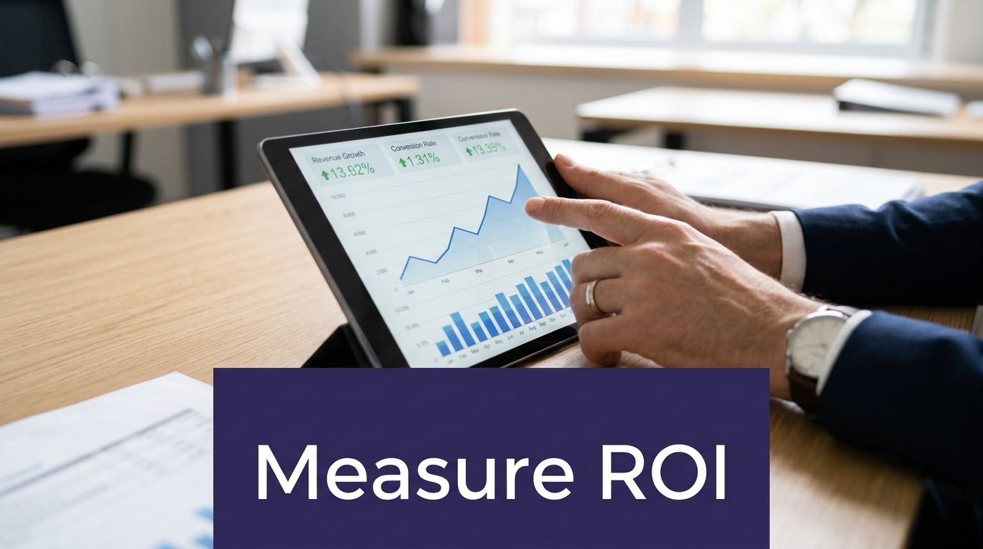 A businessman analyzing financial growth and ROI charts on a digital tablet at a wooden desk.