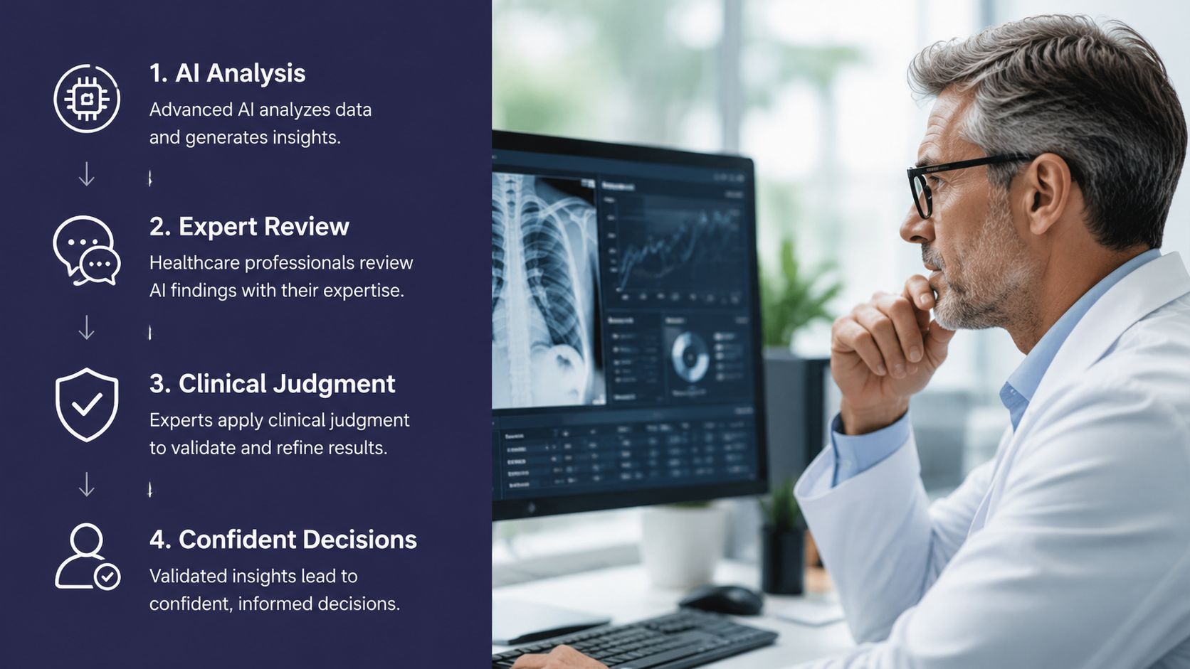 A doctor reviewing medical AI diagnostic results on a computer screen to make informed clinical decisions.