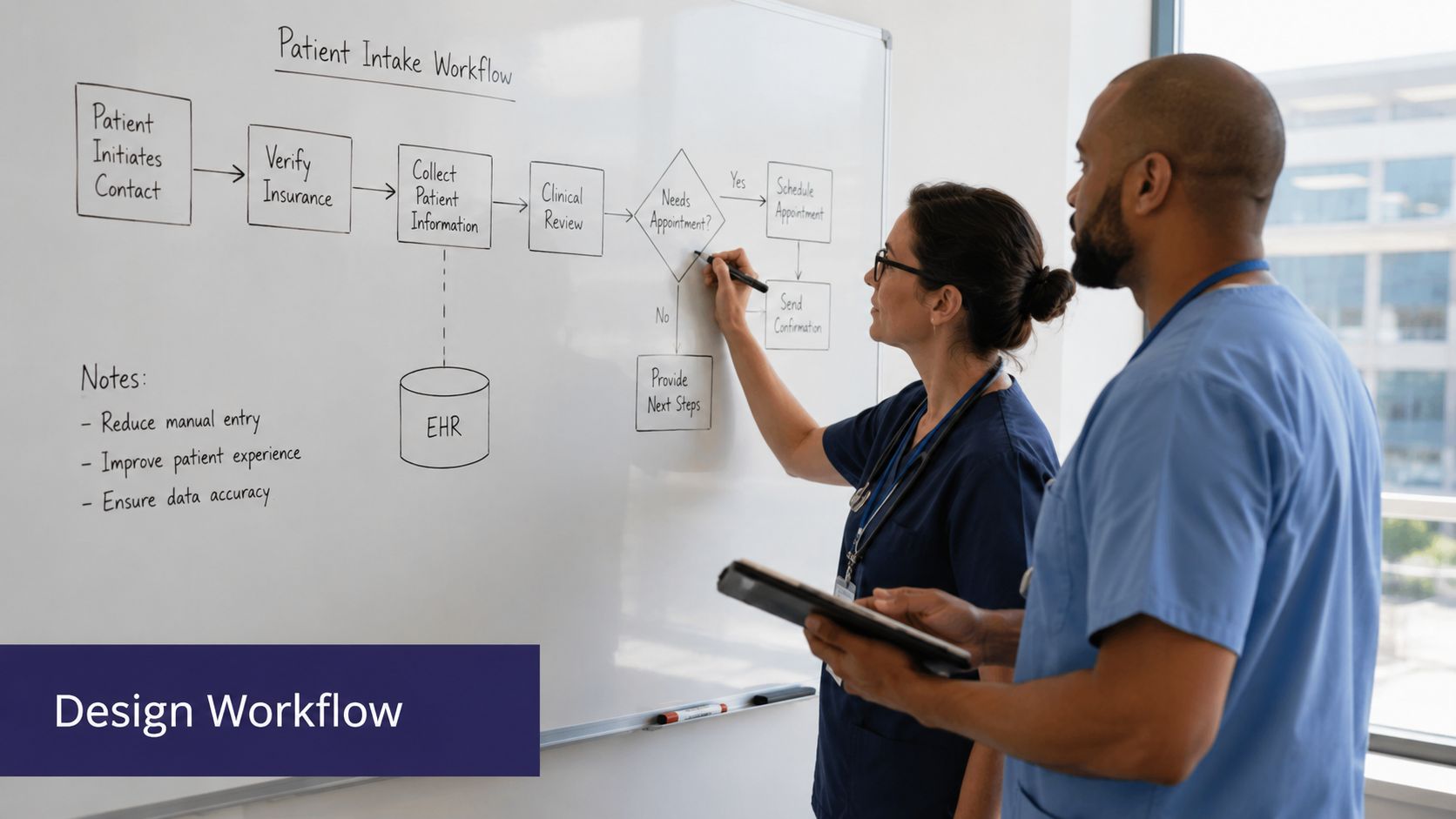 Two medical professionals collaborating on a patient intake workflow flowchart drawn on a large office whiteboard.