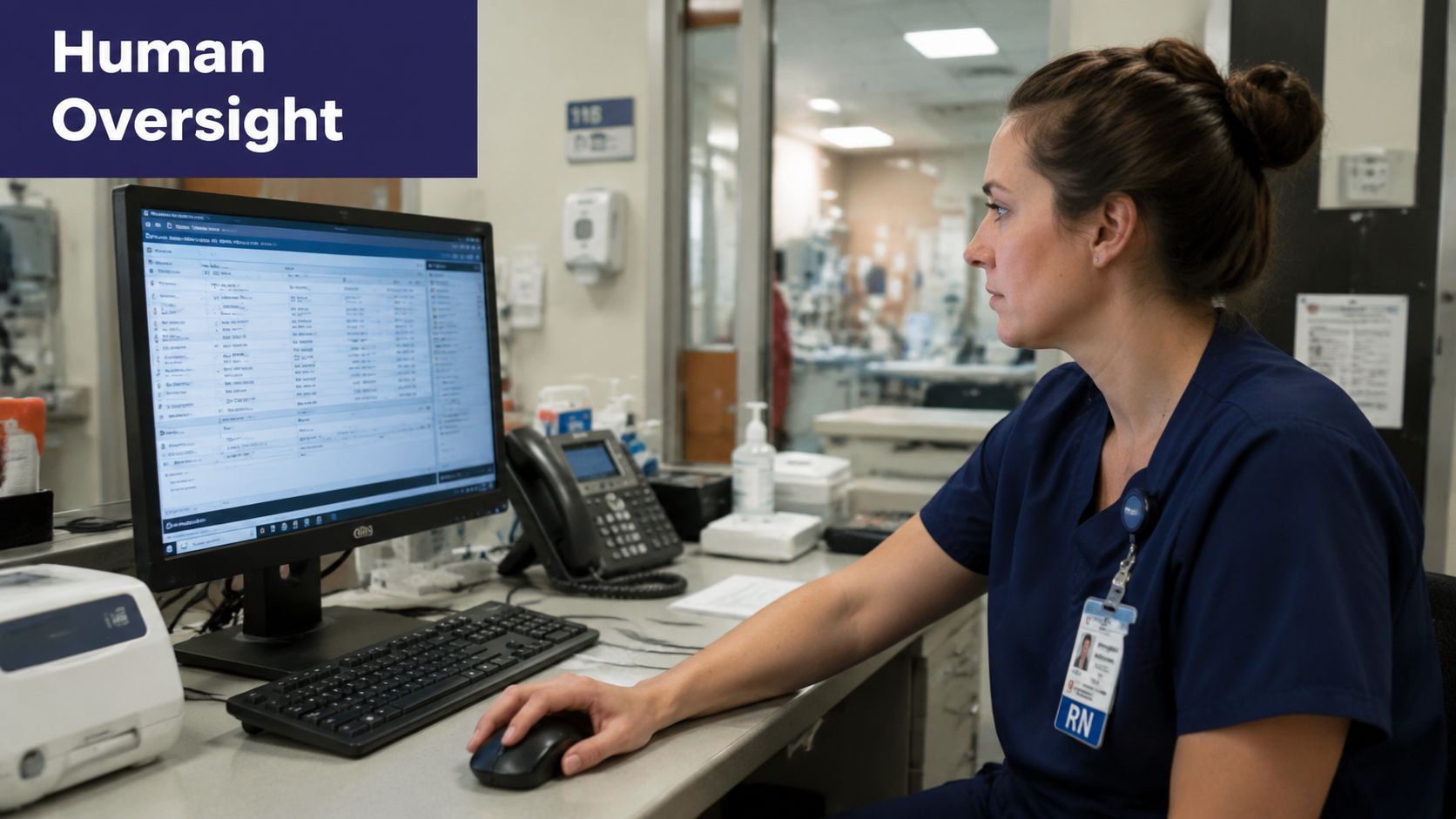 A female nurse in blue scrubs reviewing patient data on a computer screen at a workstation.