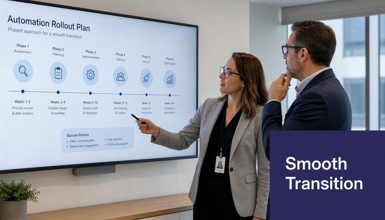 A professional woman presenting an automation rollout plan on a screen to a colleague in an office.