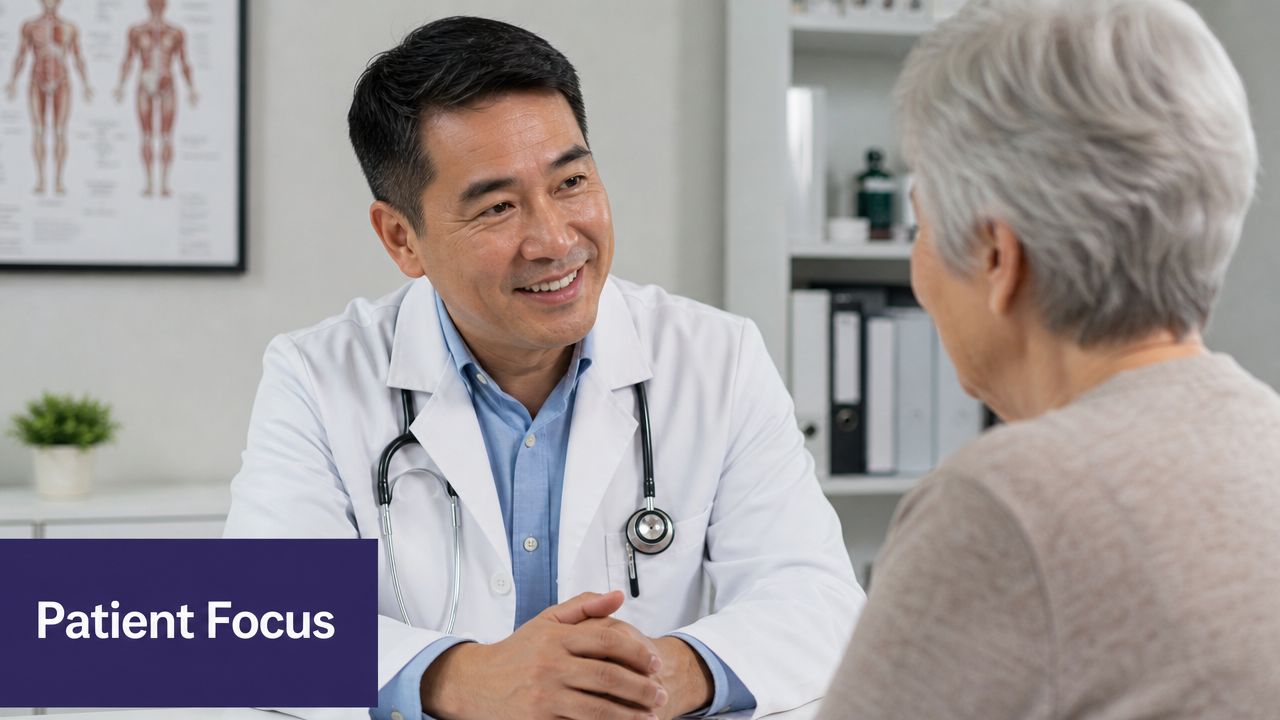 A friendly male doctor wearing a white coat smiles while consulting with an elderly female patient.