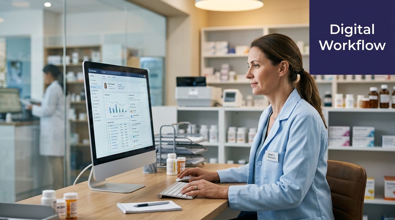 A pharmacist sitting at a desk and using a computer to manage a digital prescription workflow.