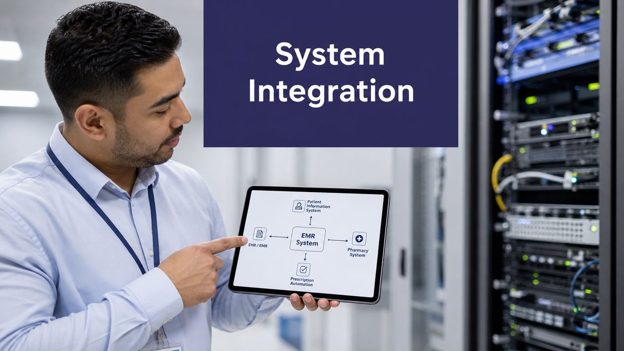 A professional man holding a tablet displaying a chart showing EMR system integration with pharmacy services.
