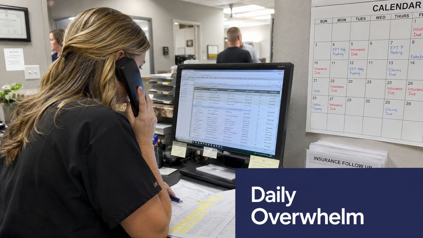 A healthcare office worker multitasking while on the phone and reviewing medical records on a computer.