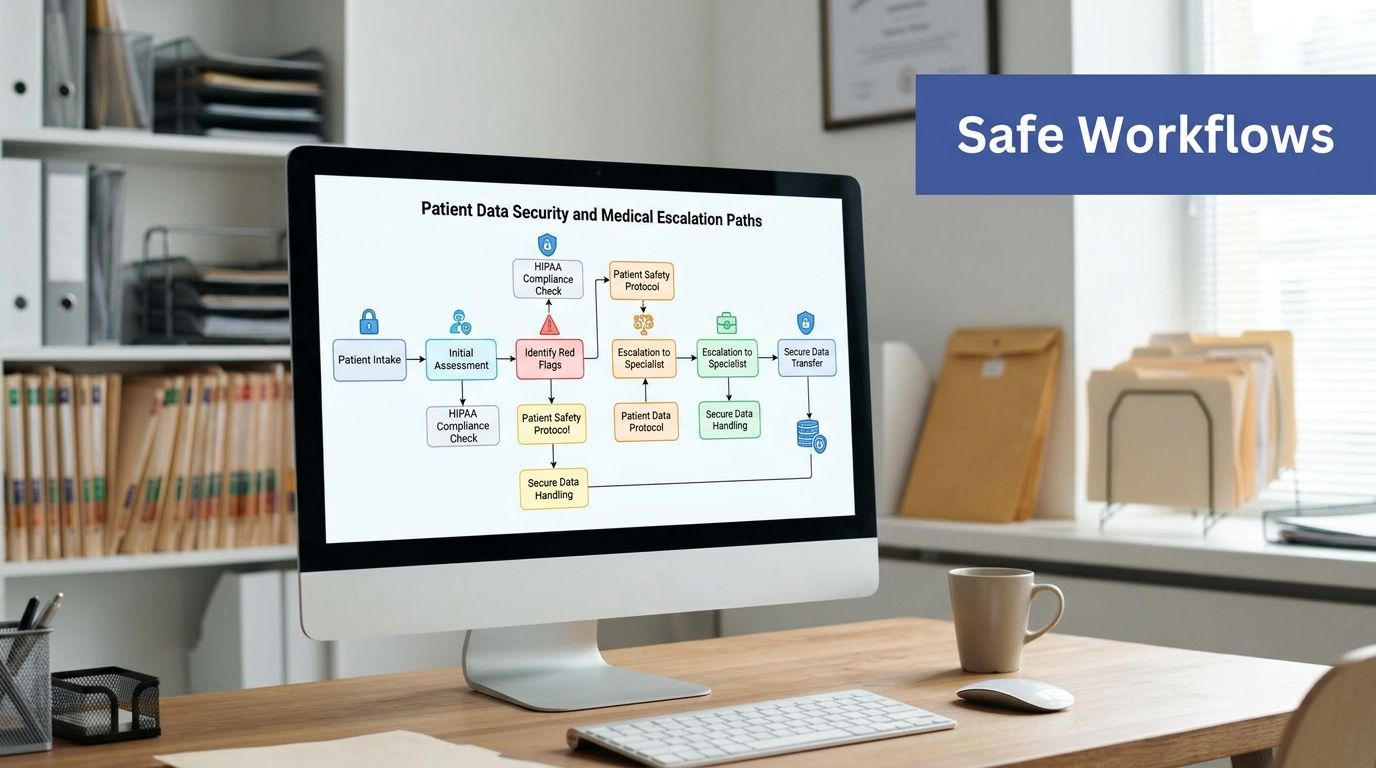 A computer screen displaying a complex flowchart titled Patient Data Security and Medical Escalation Paths.