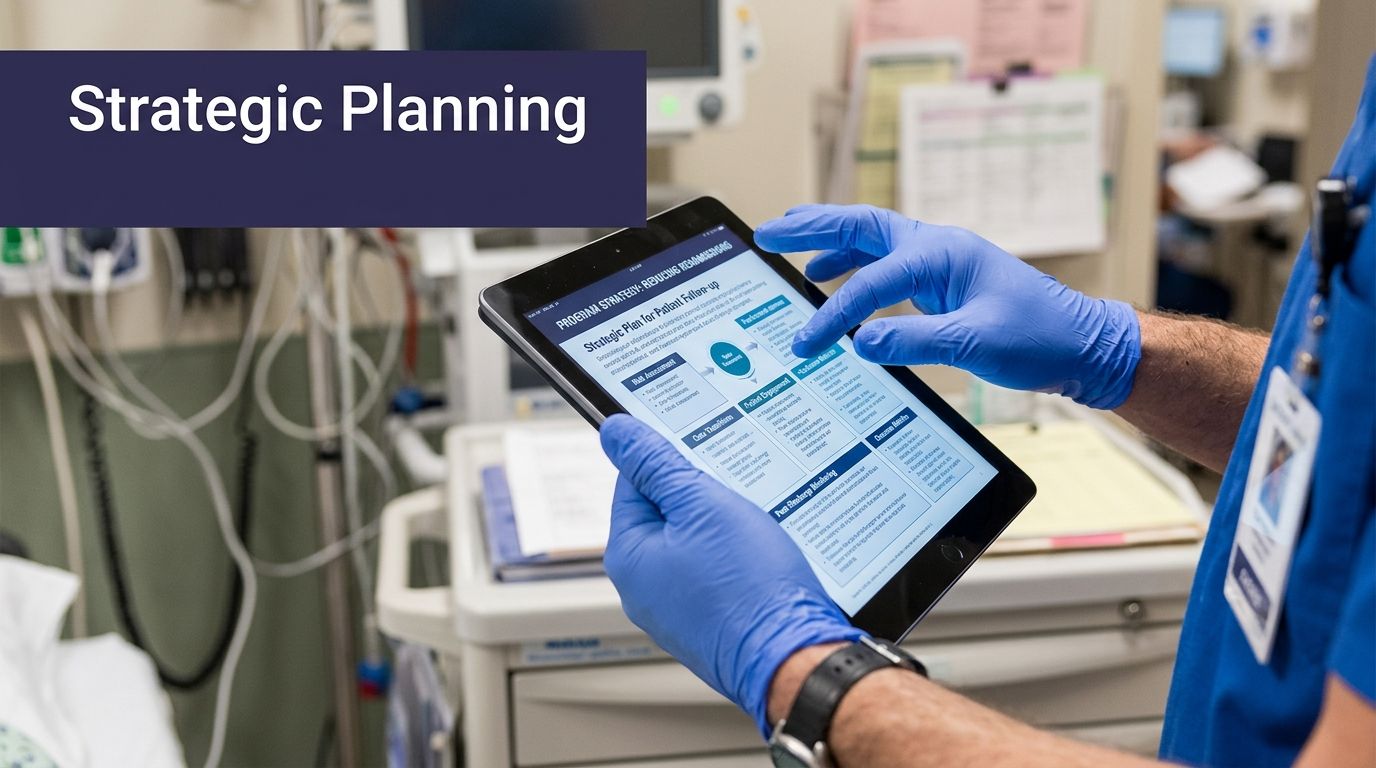 A healthcare worker in blue medical gloves uses a tablet to review a strategic plan for patient follow-ups.