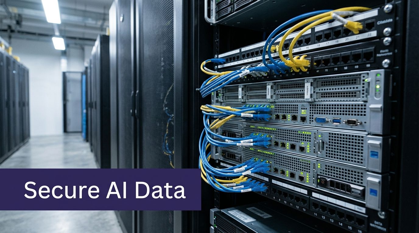 A server rack in a secure data center illustrating the concept of protecting artificial intelligence information.