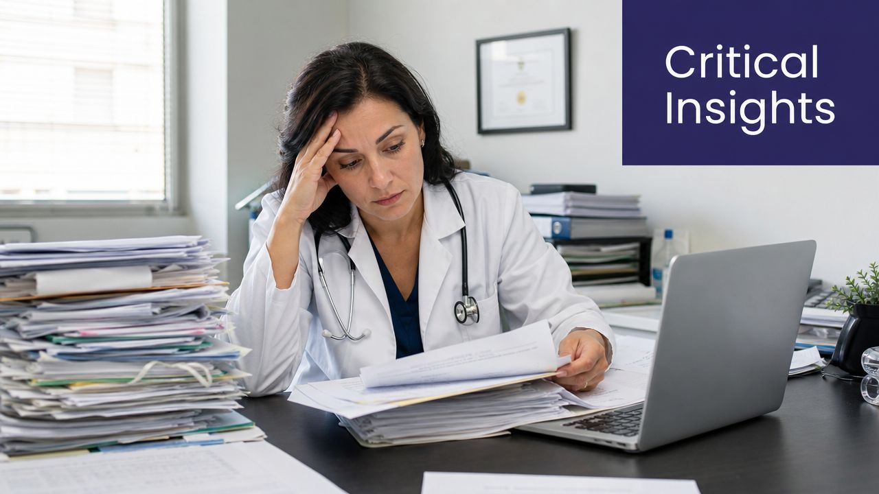 Stressed female doctor sitting at a desk surrounded by large piles of paperwork in an office.
