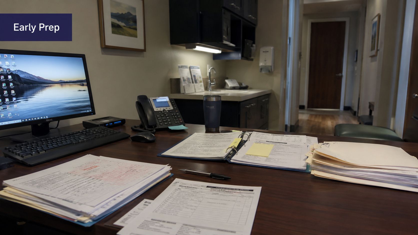 A clean office desk displaying paperwork, a computer monitor, and medical office equipment for patient preparation.