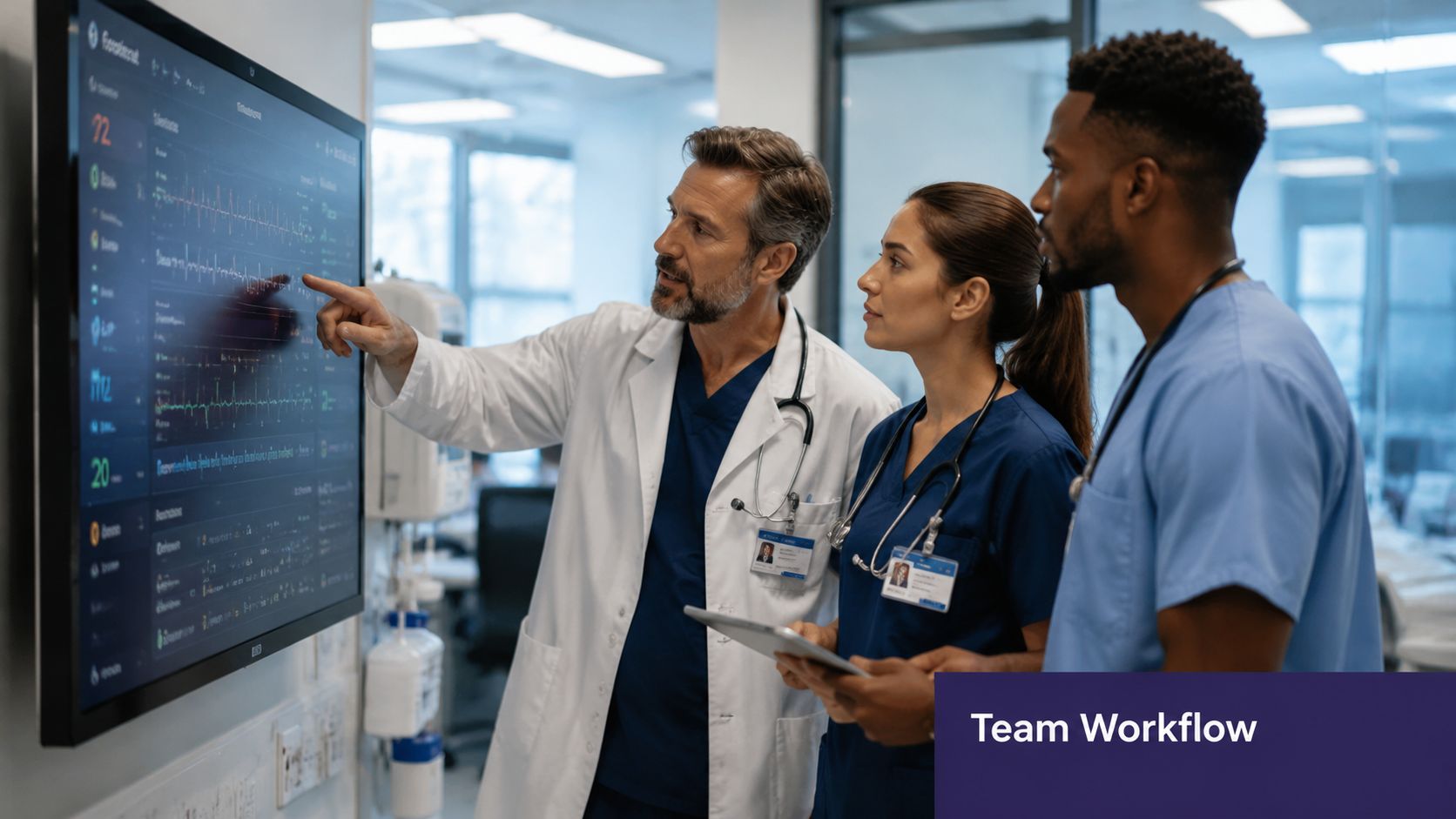 A doctor, nurse, and medical student reviewing patient data on a large wall-mounted digital display screen.