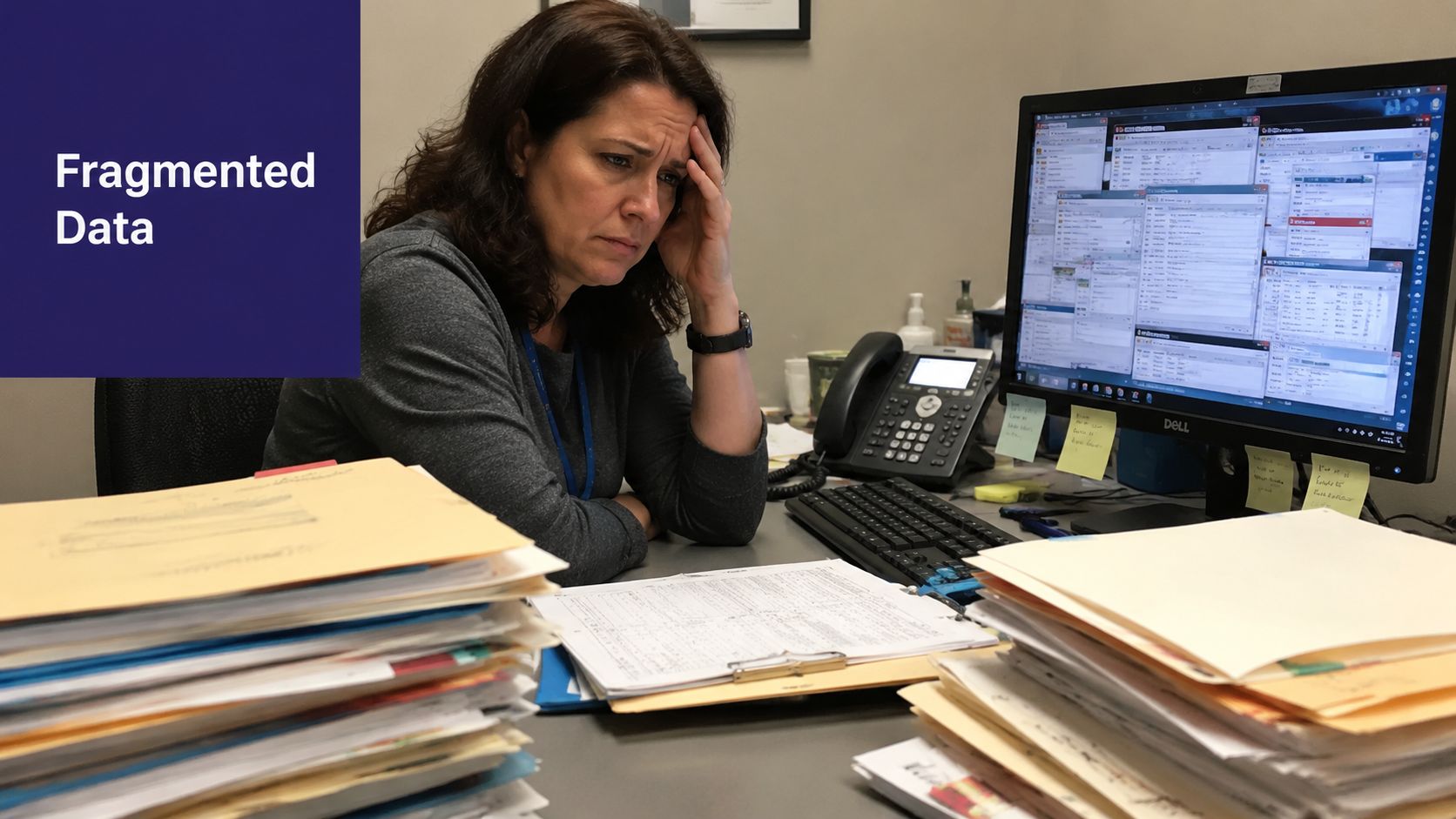 A frustrated office worker sits at a desk overwhelmed by stacks of paperwork and computer data.