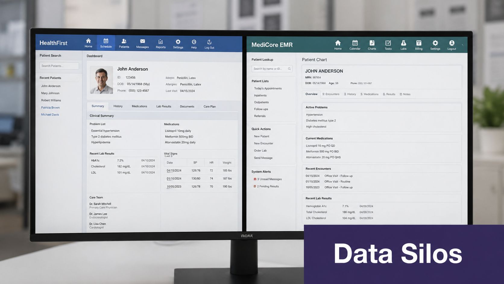 A split-screen monitor displaying two different medical record software systems side by side to illustrate data silos.