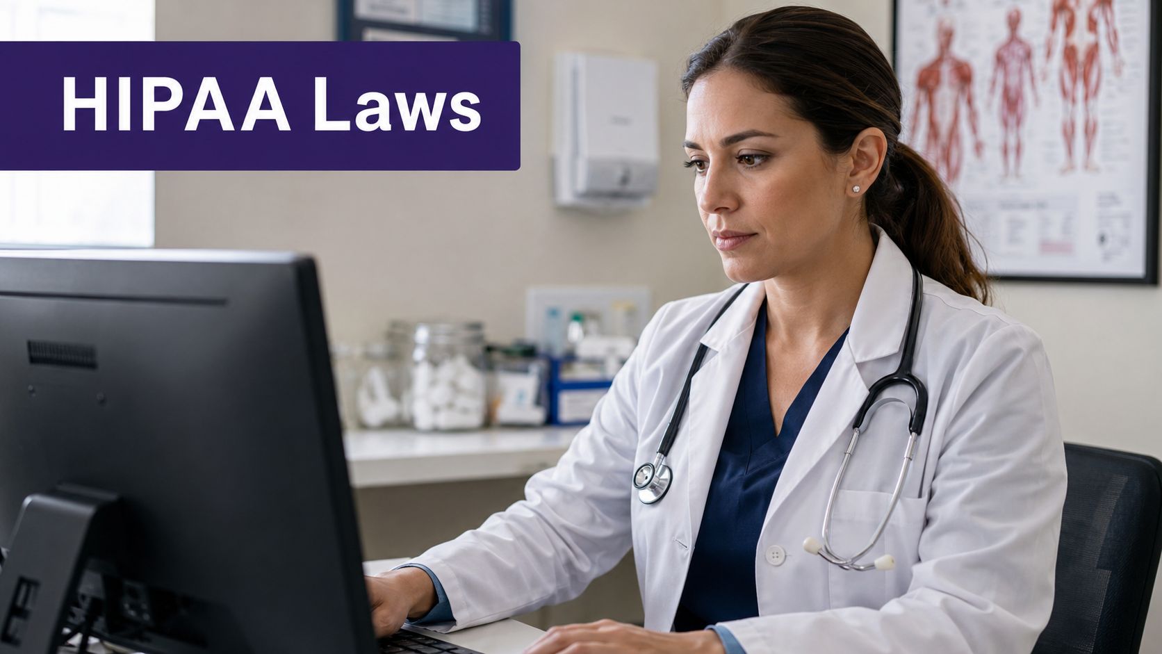 A female doctor in a white lab coat sitting at a desk reviewing electronic patient medical records.