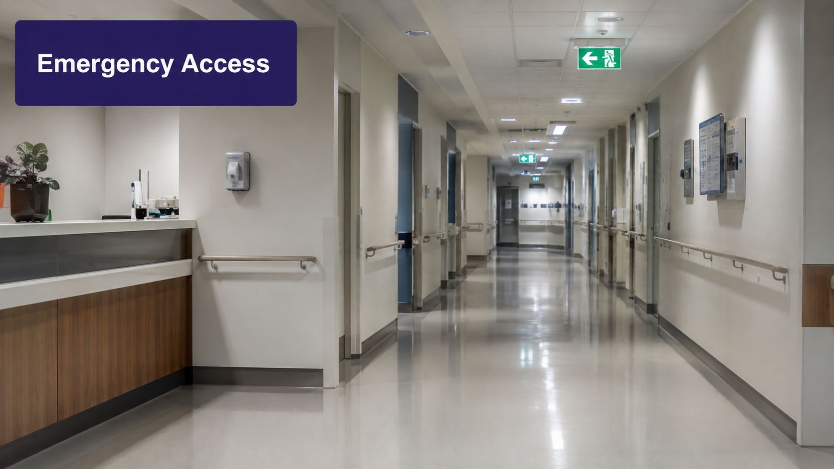 A long, quiet hospital corridor with a reception desk on the left and emergency exit signs overhead.