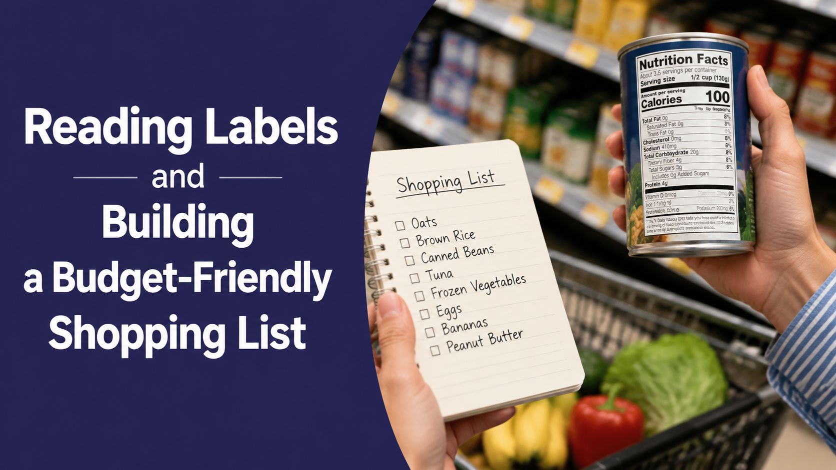 A person holds a notepad with a grocery list and a can of food while shopping.
