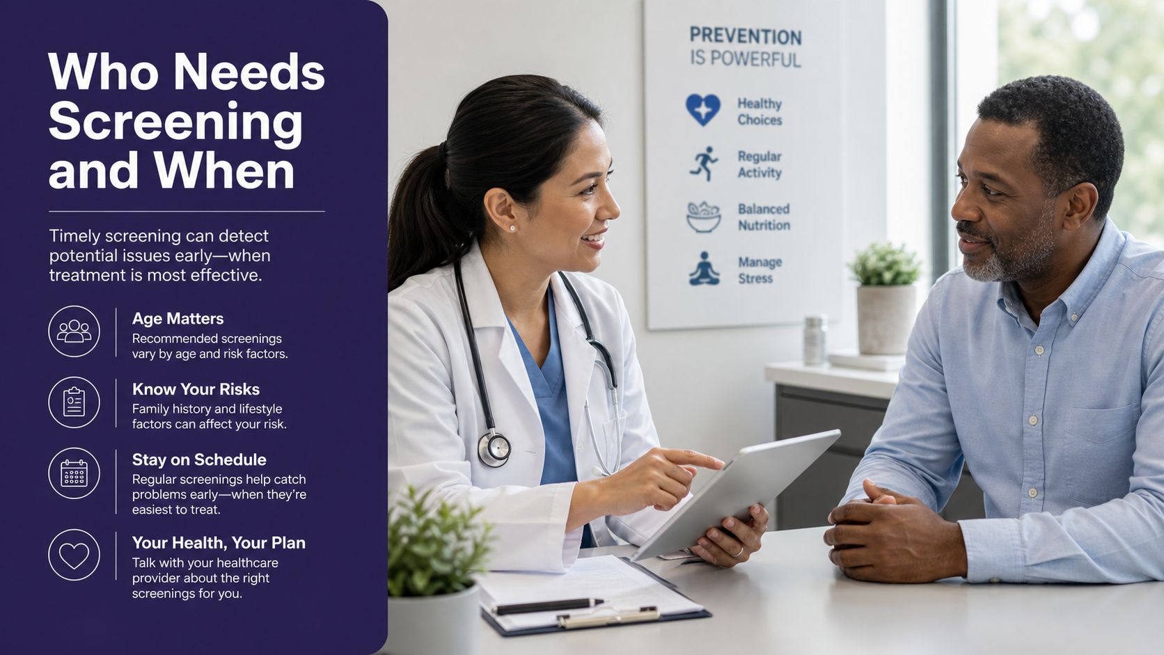 A doctor explaining health screening information to a patient on a tablet during a consultation session.