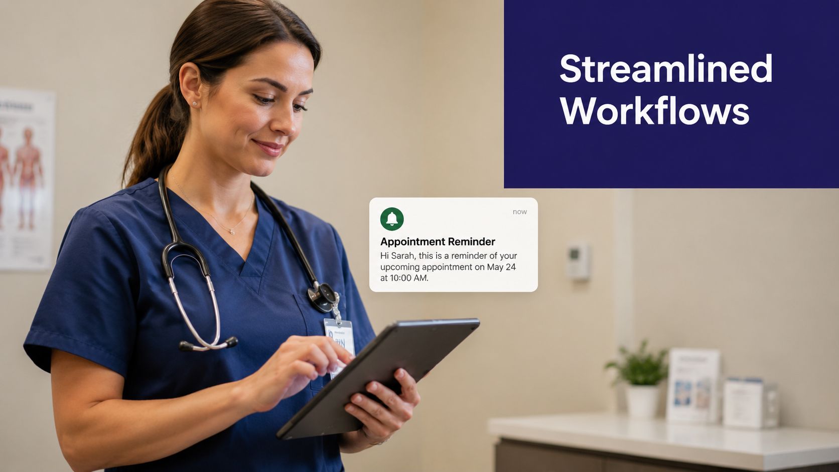 A smiling healthcare professional using a tablet to review a patient appointment reminder notification in an office.
