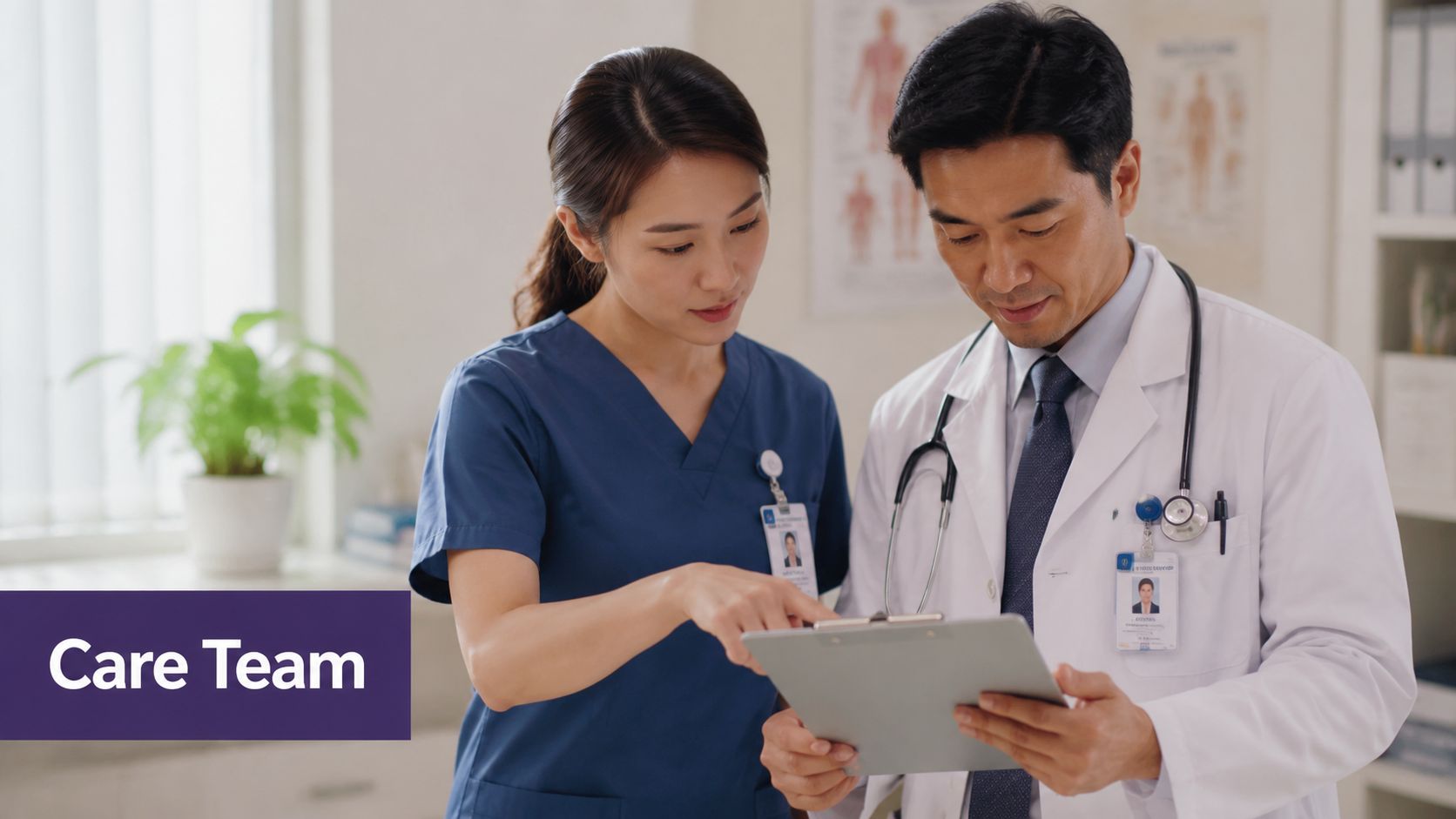 A female nurse and a male doctor reviewing patient notes together on a clipboard in a clinic.